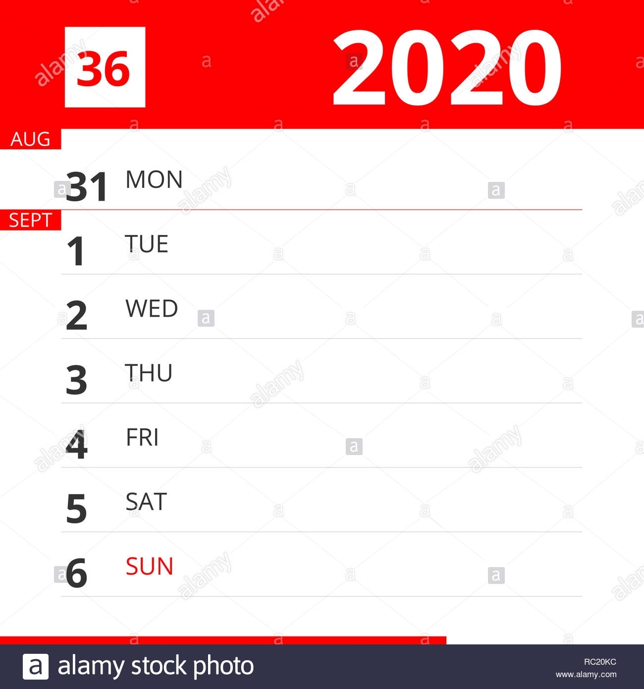 Calendar Planner For Week 36 In 2020, Ends September 6, 2020
