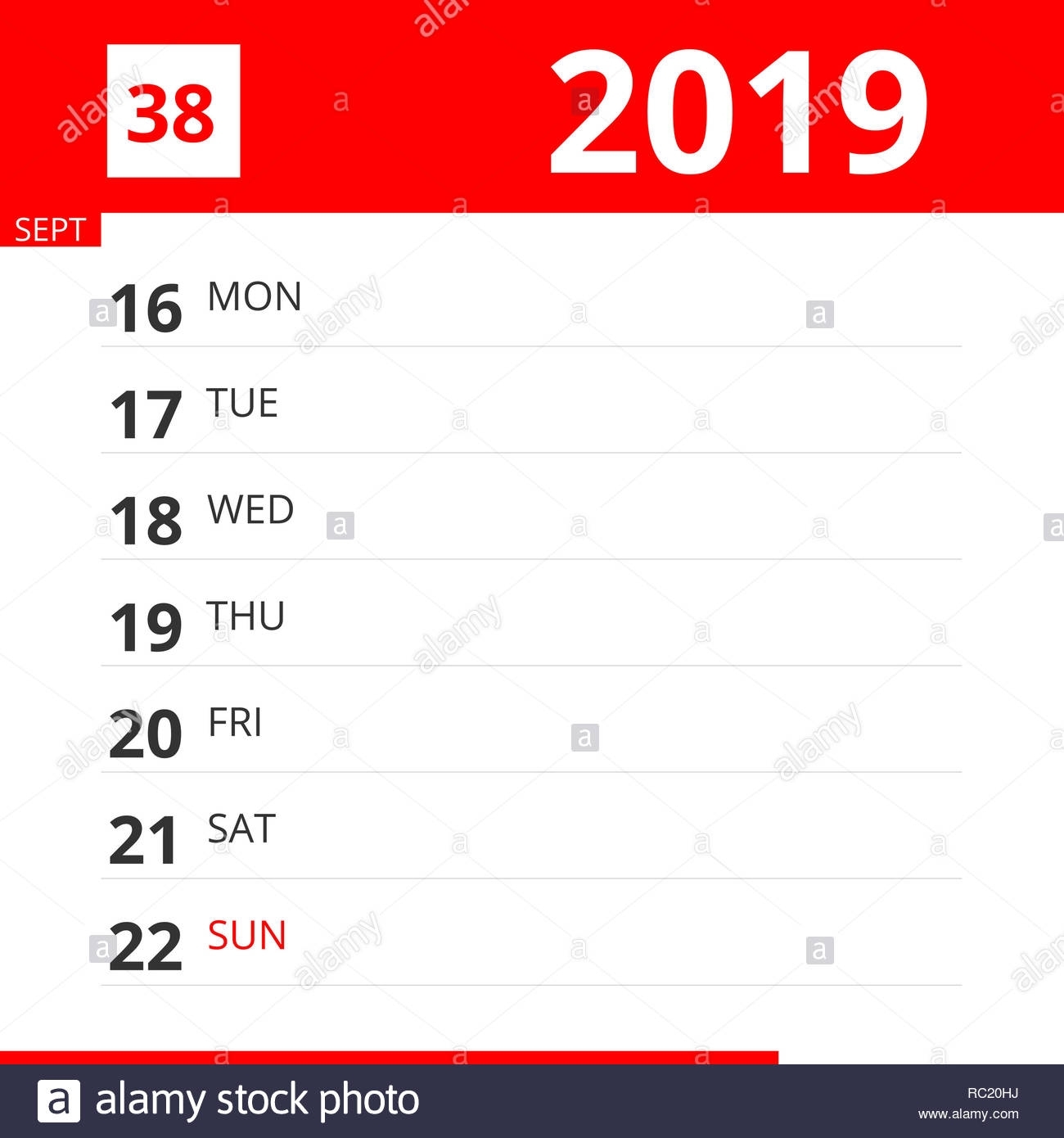 Calendar Planner For Week 38 In 2019, Ends September 22