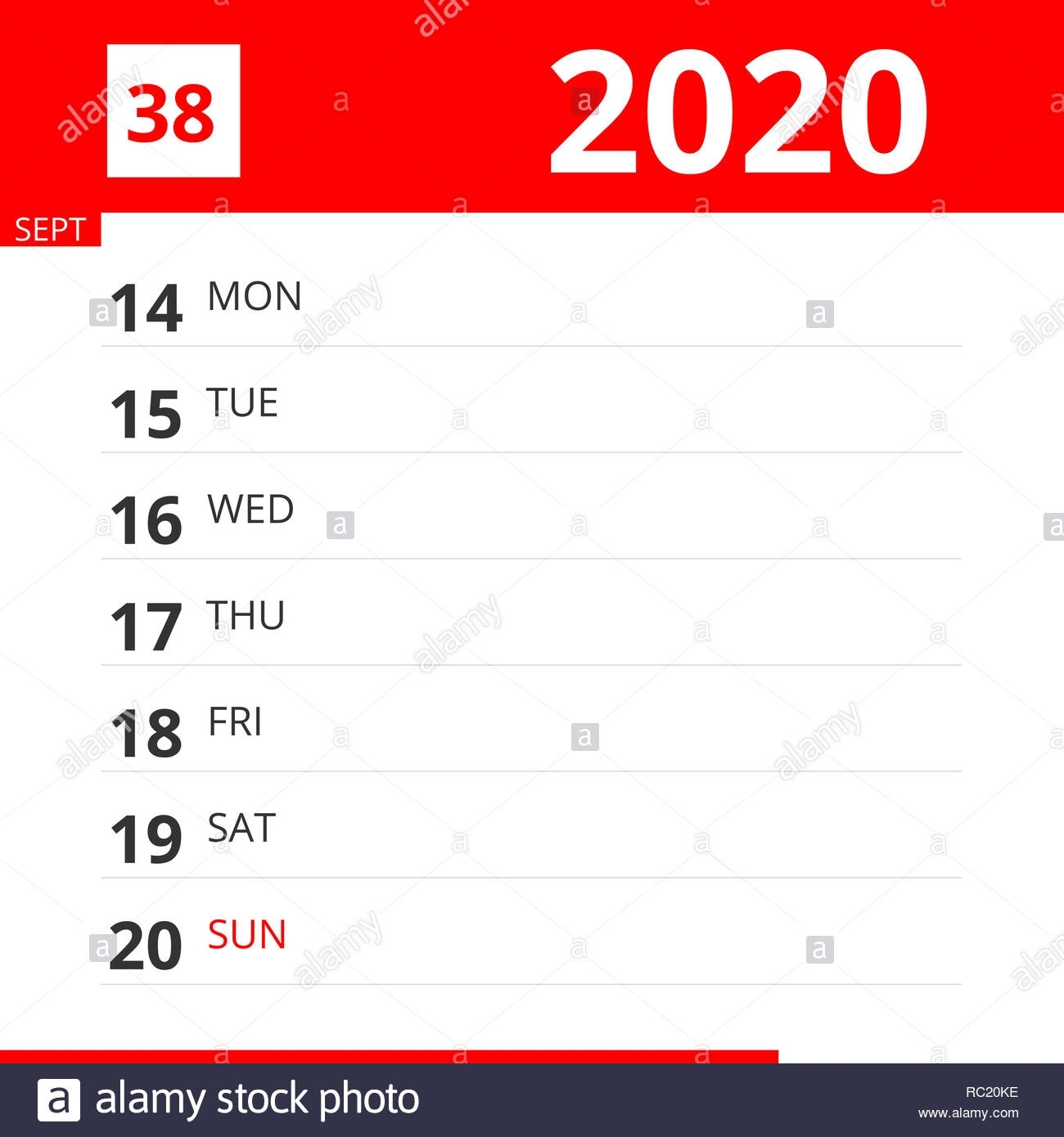 Calendar Planner For Week 38 In 2020, Ends September 20