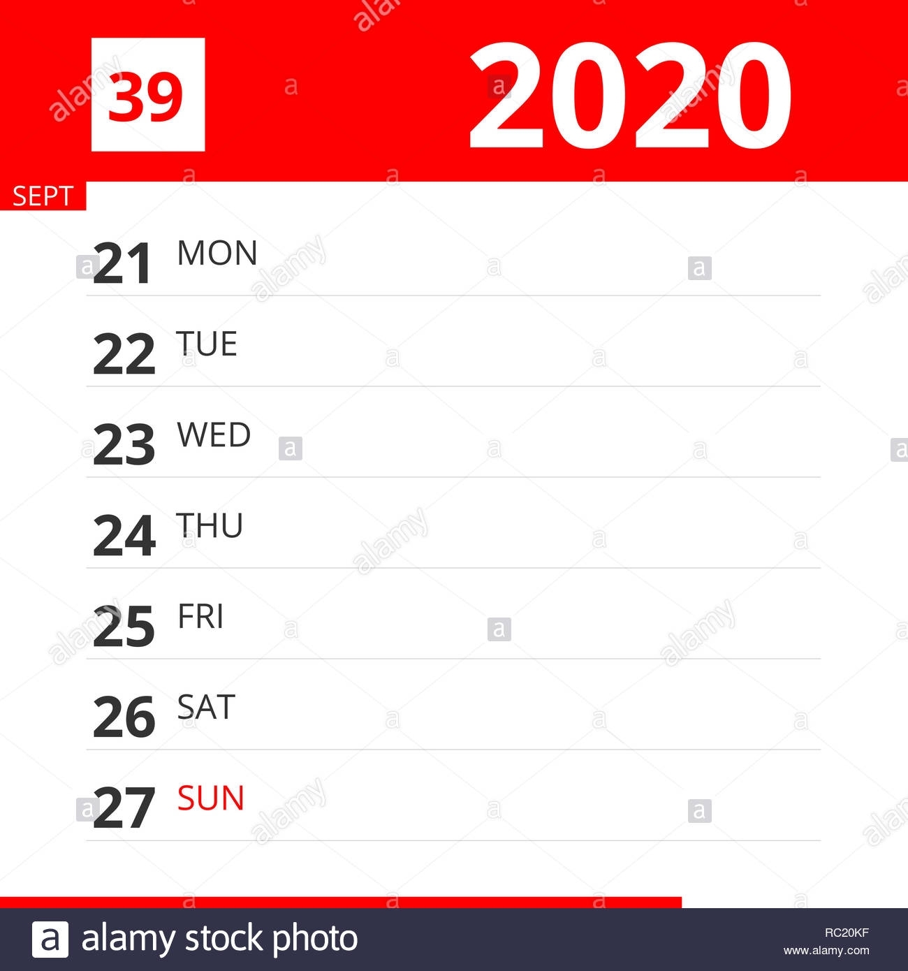 Calendar Planner For Week 39 In 2020, Ends September 27