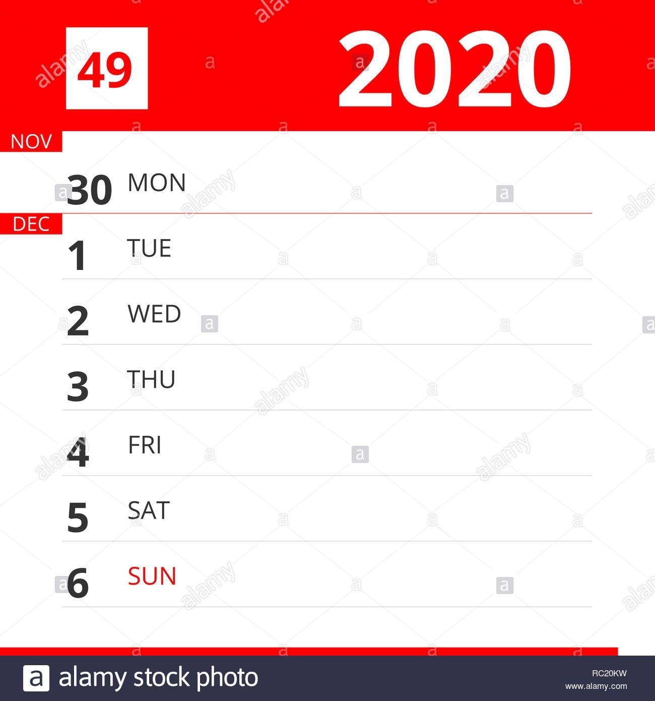 Calendar Planner For Week 49 In 2020, Ends December 6, 2020