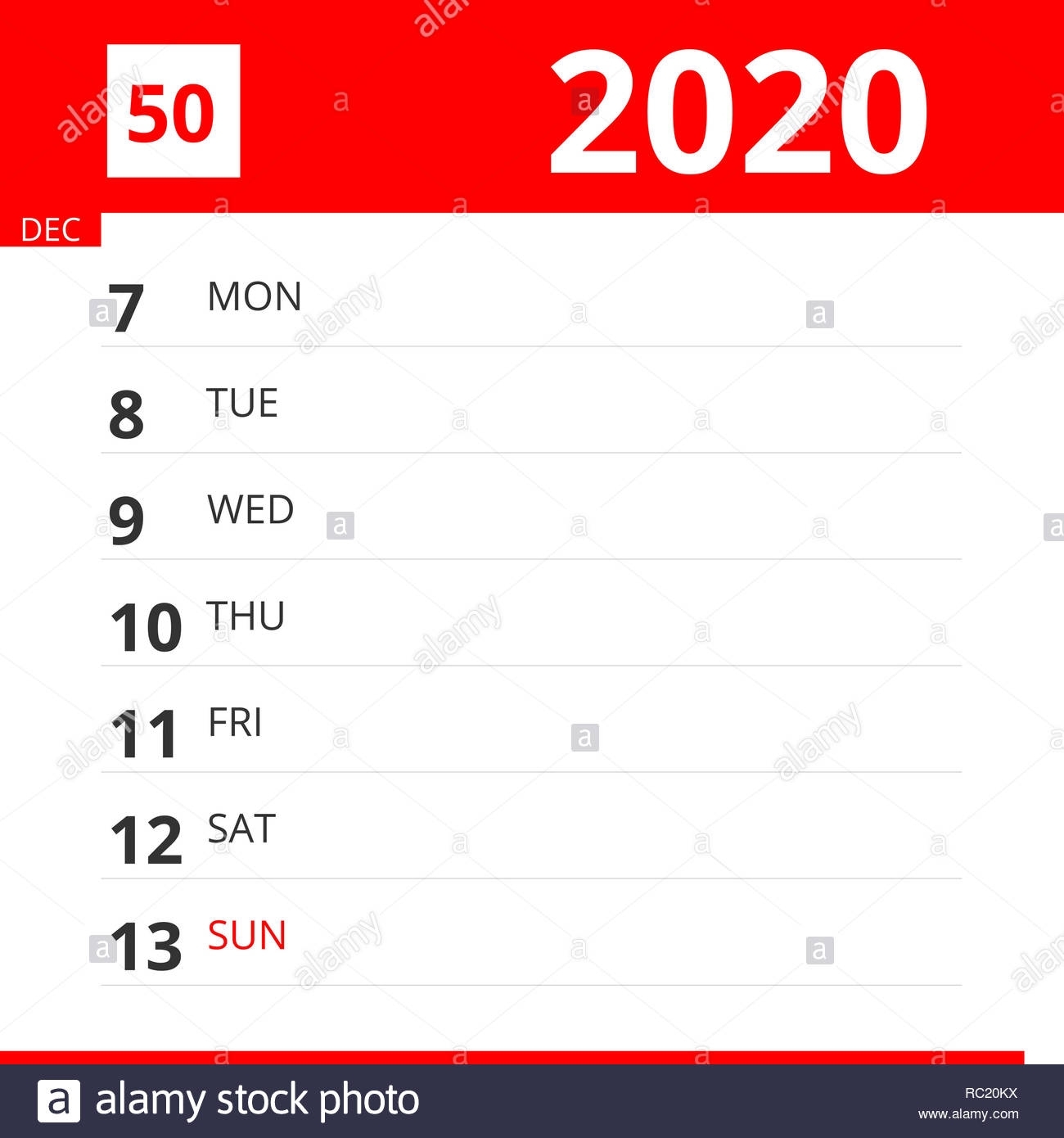 Calendar Planner For Week 50 In 2020, Ends December 13, 2020