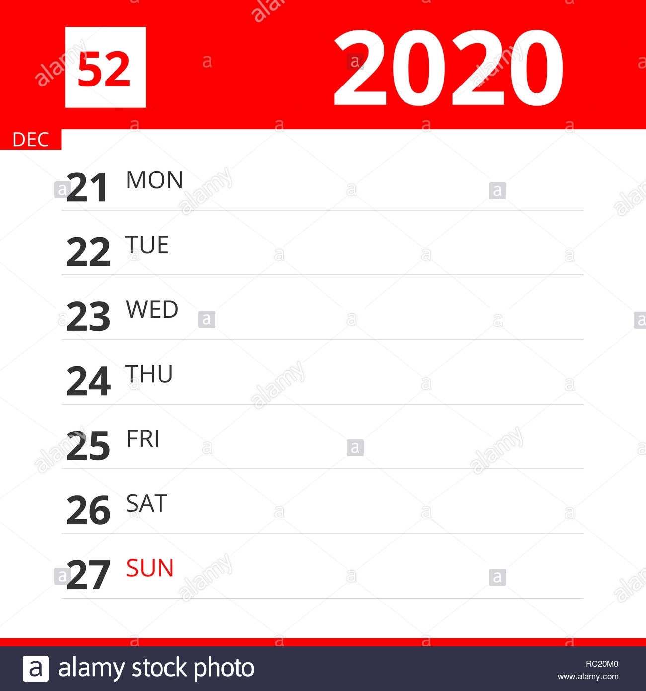 Calendar Planner For Week 52 In 2020, Ends December 27, 2020