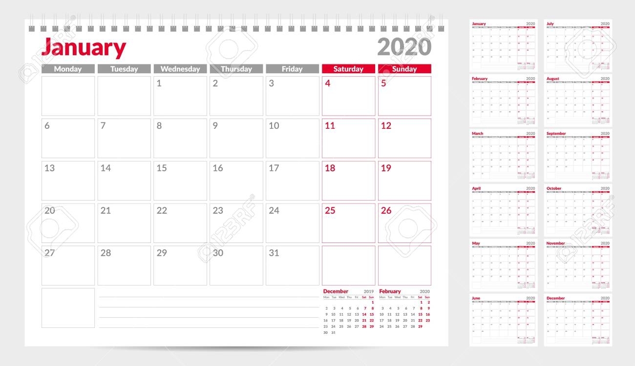 Calendar Planner Template 2020. Week Start From Monday. Set Of..