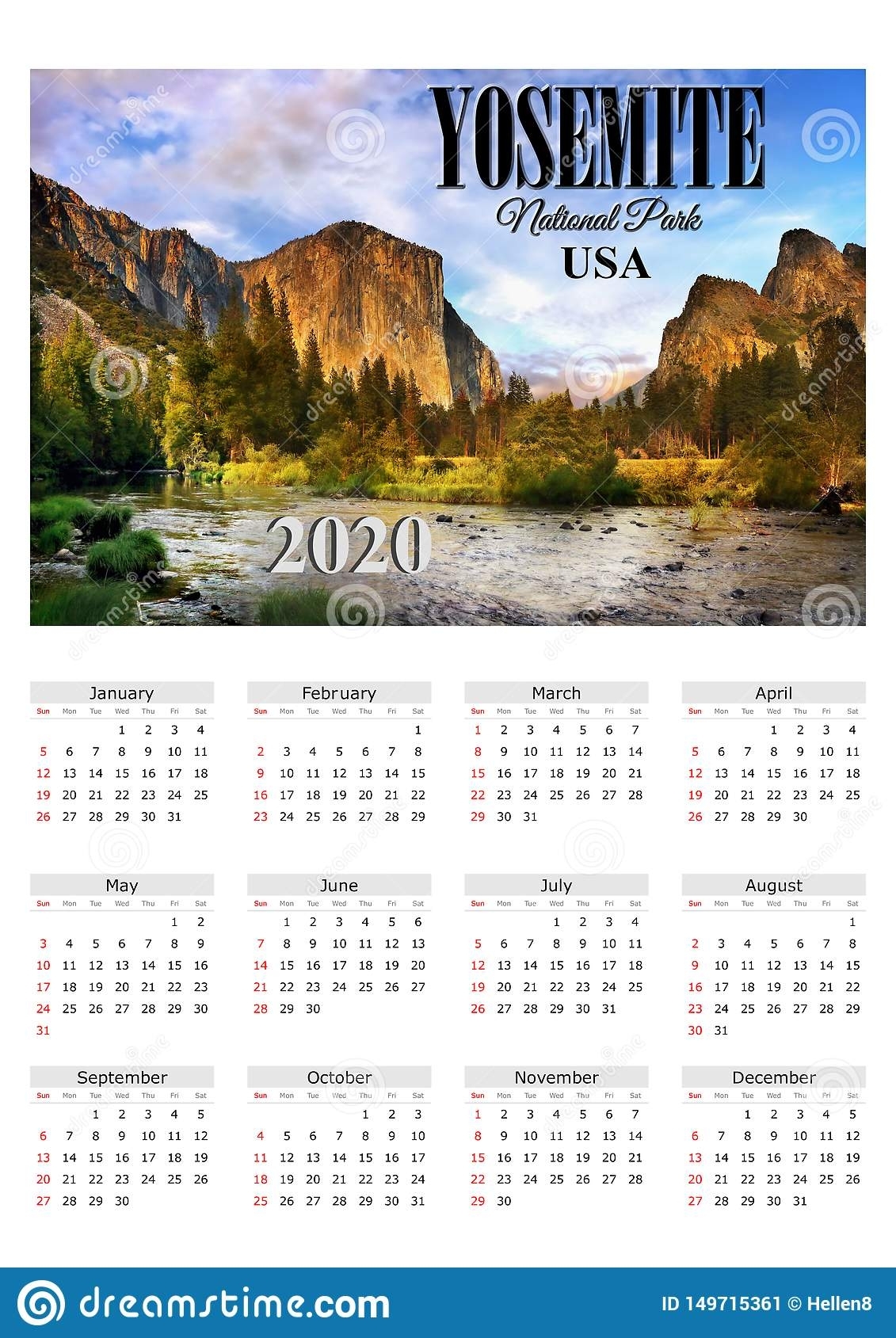 Calendar Poster 2020 Yosemite Np, Usa Stock Image - Image Of