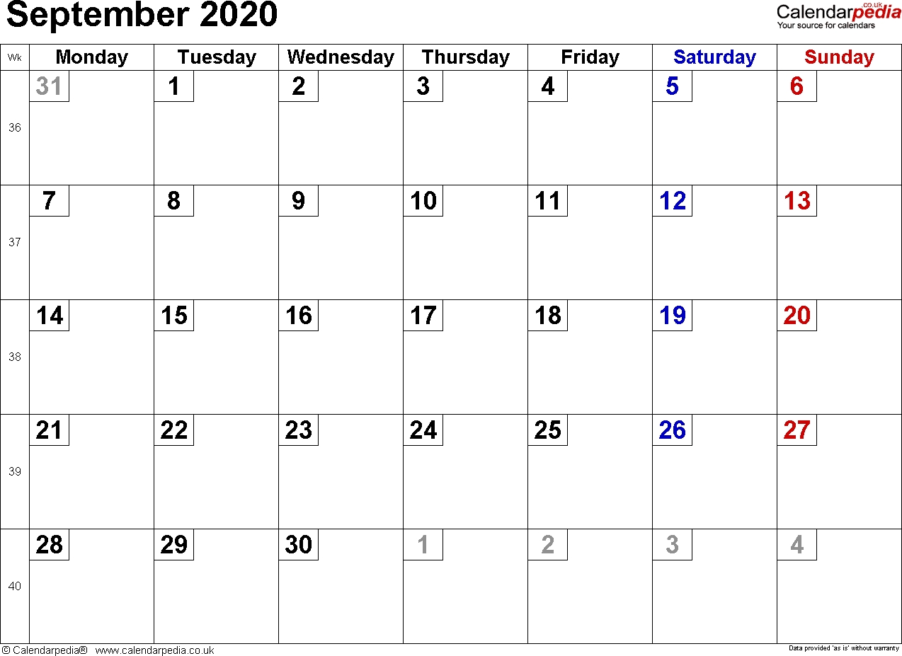 Calendar September 2020 Uk, Bank Holidays, Excel/pdf/word