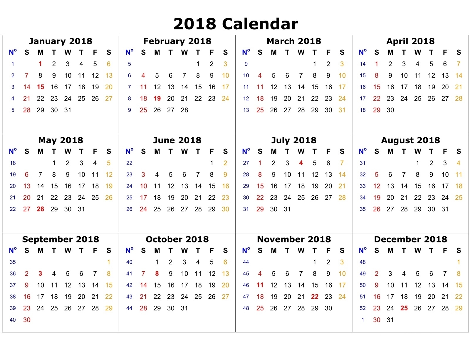 Calendar Template 2018 High Quality | Loving Printable