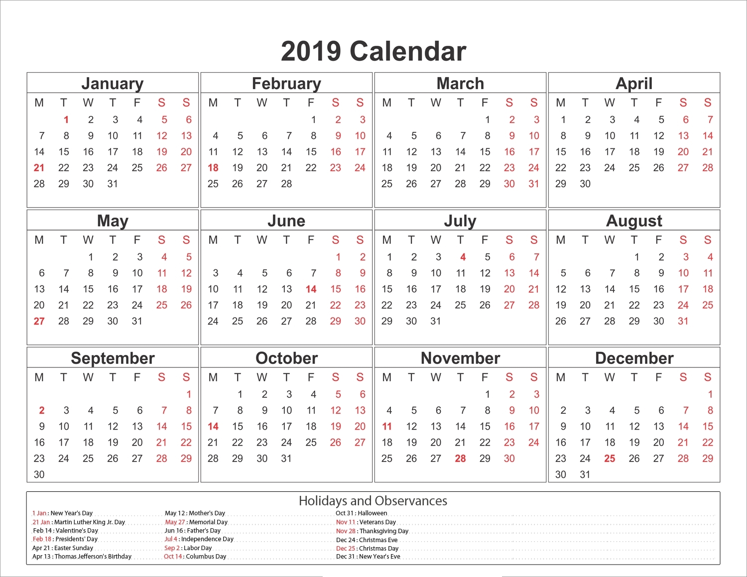 Calendar Template Calendarlabs 2019 • Printable Blank