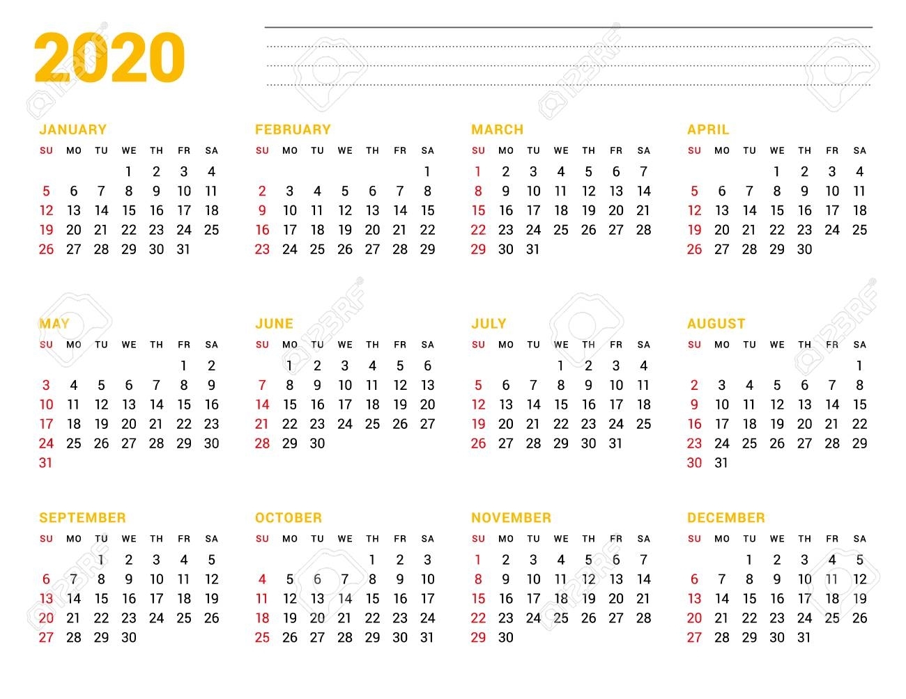 Calendar Template For 2020 Year. Stationery Design. Week Starts..