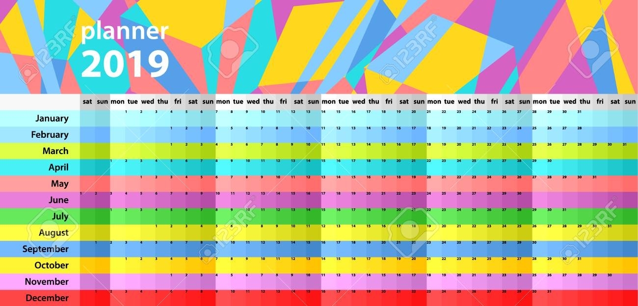 Calendar Wall Planner For The 2019 Year. Colorful Vector Set