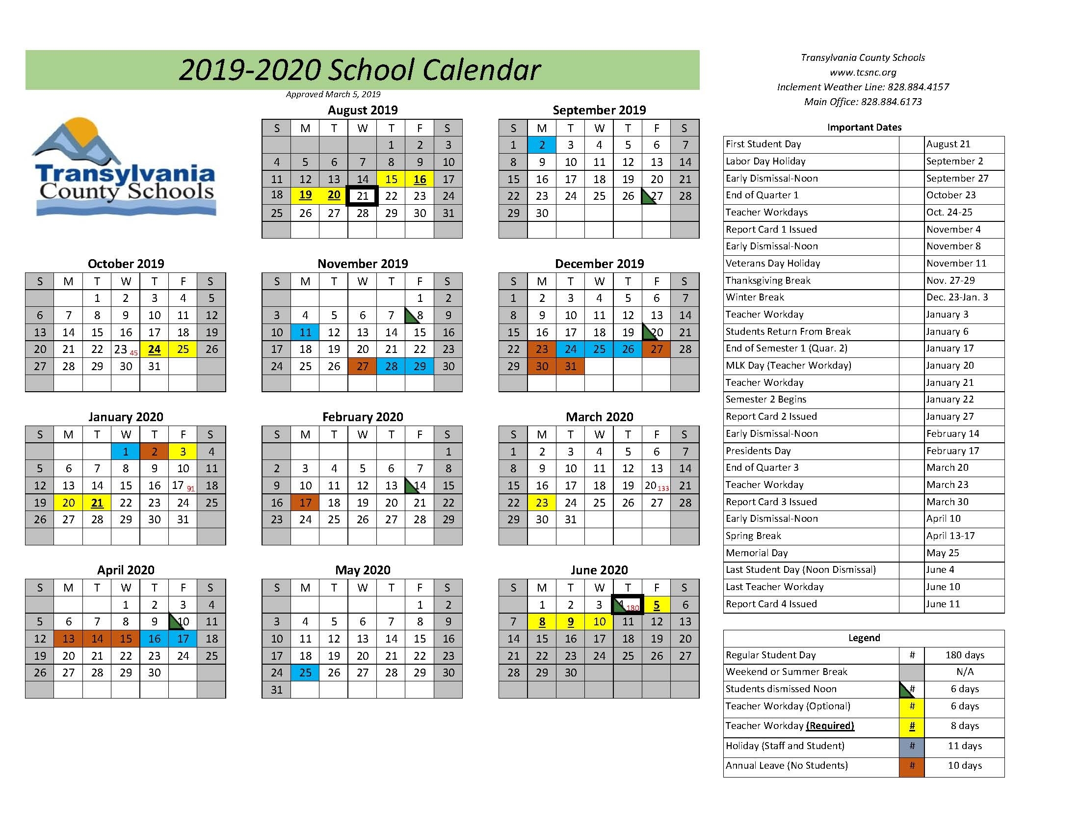 Calendars Transylvania County Schools 