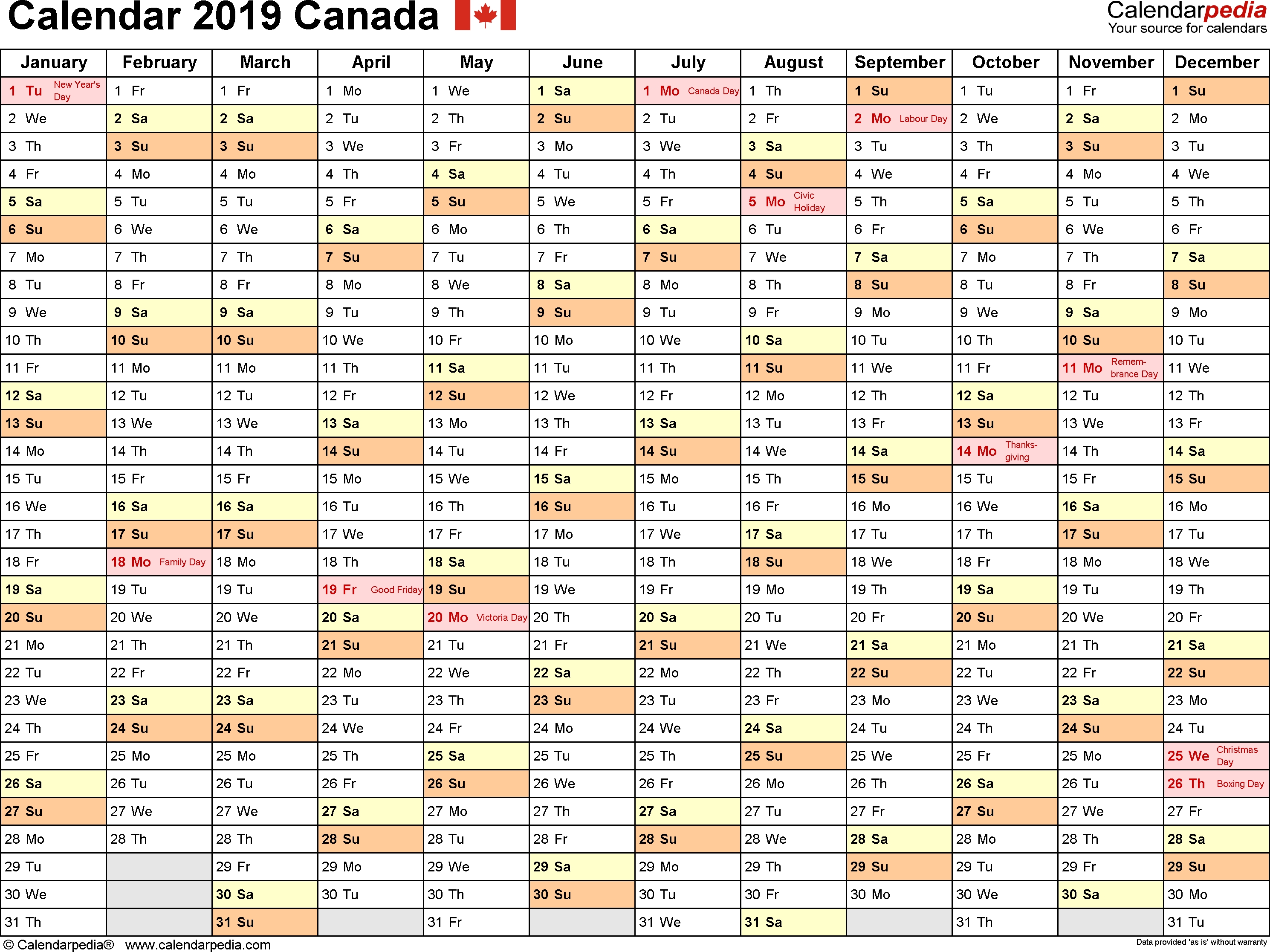 Canada Calendar 2019 - Free Printable Excel Templates