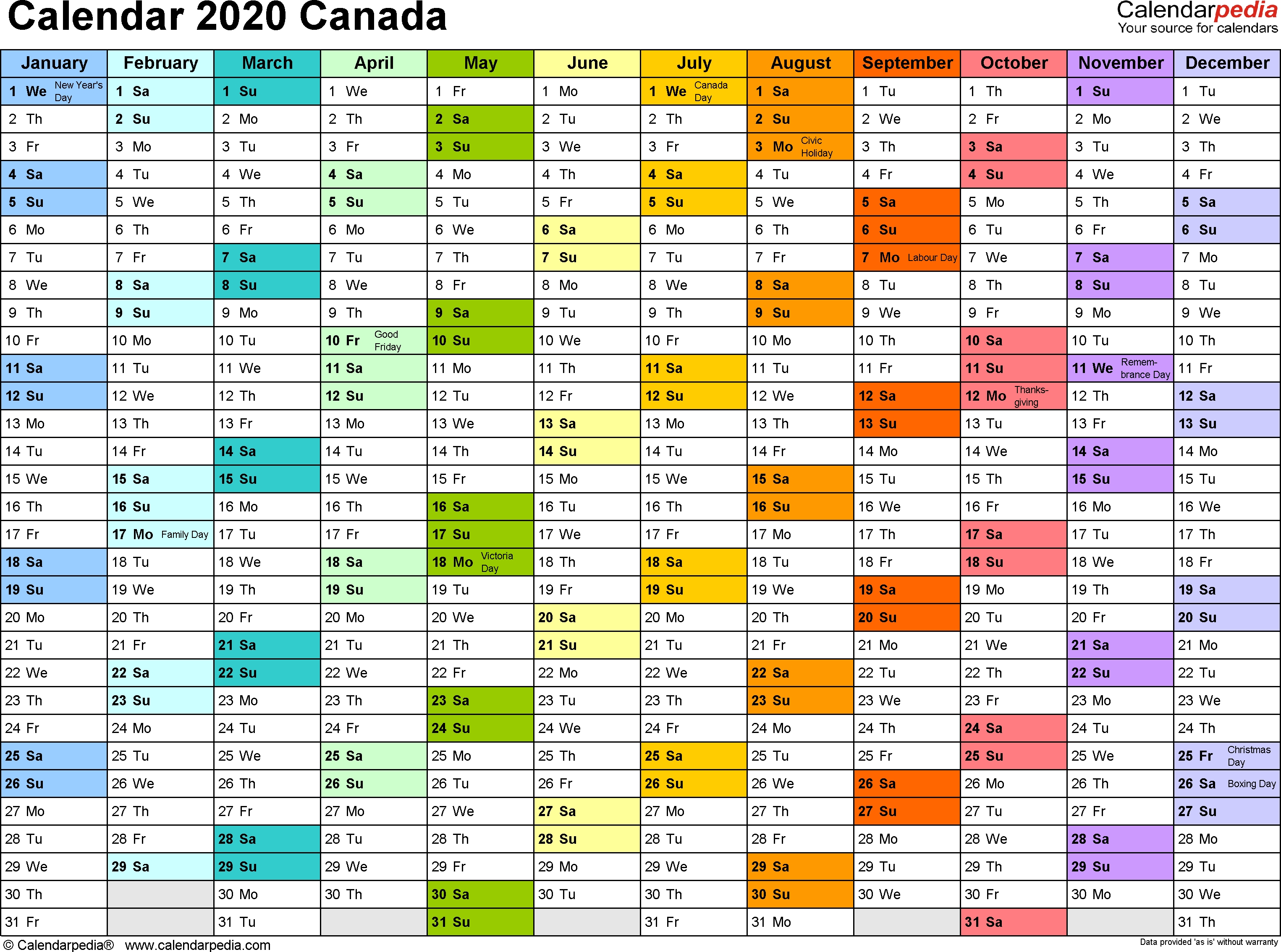 Canada Calendar 2020 - Free Printable Pdf Templates