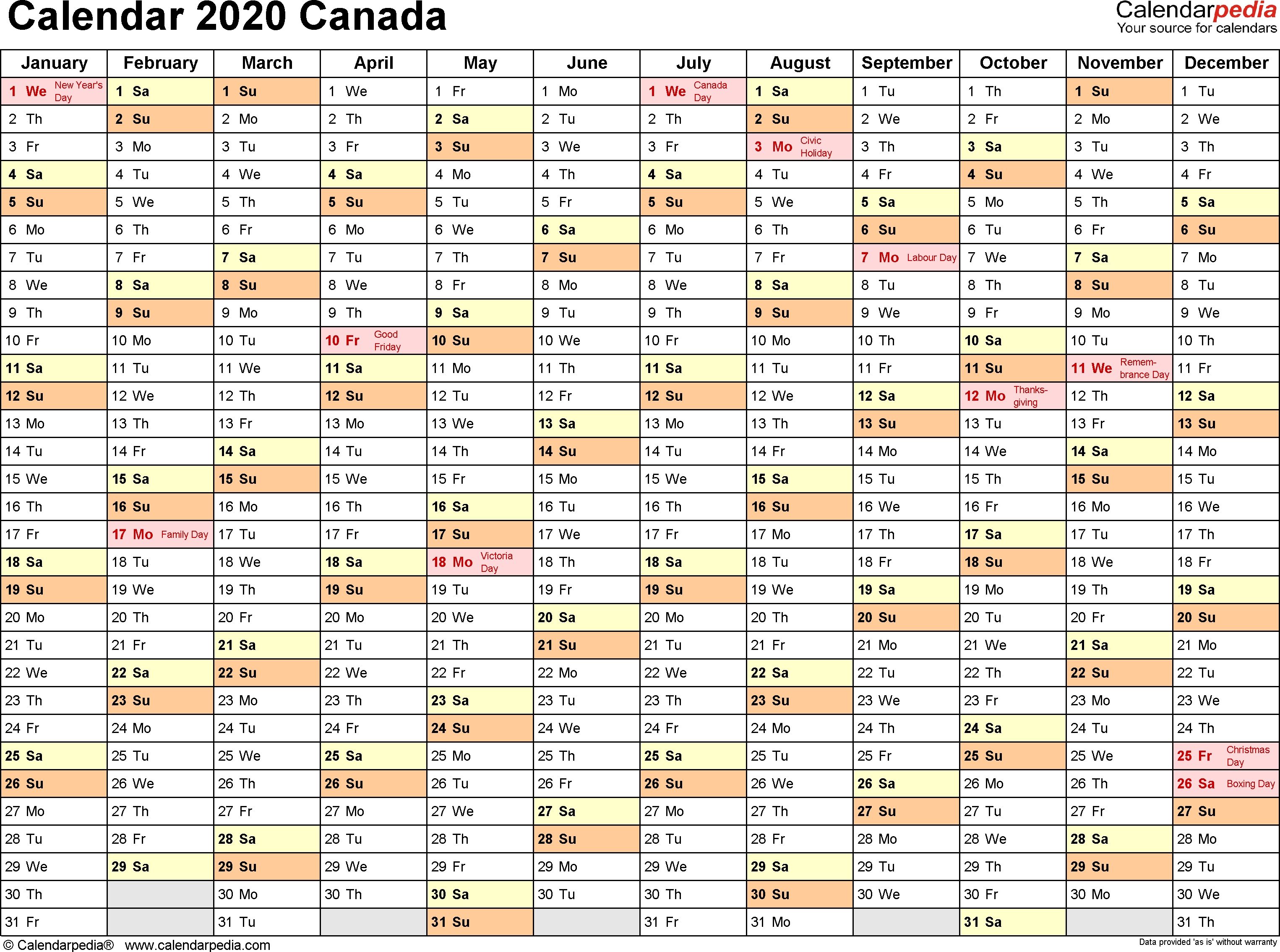 Canada Calendar 2020 - Free Printable Pdf Templates