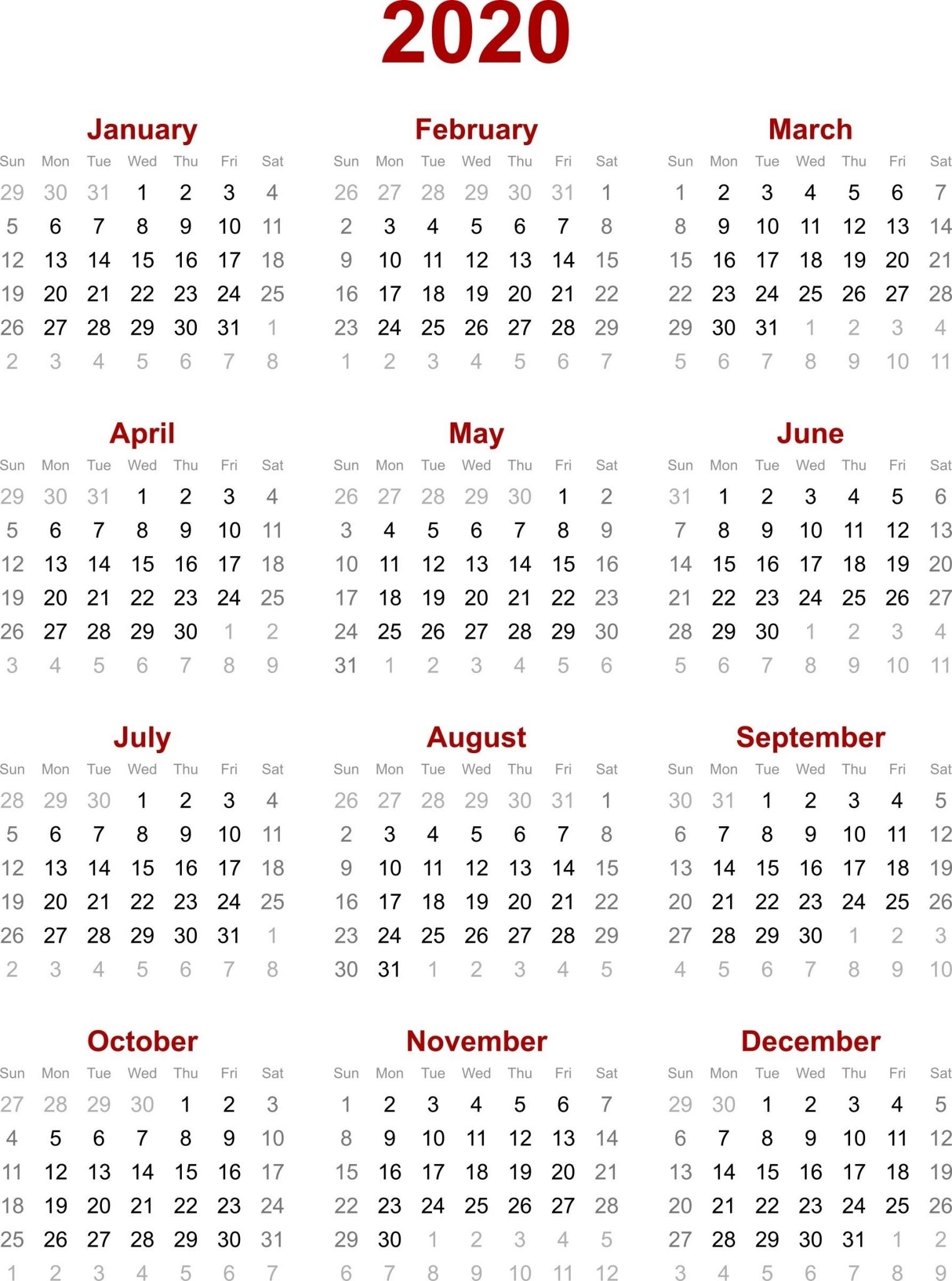 Chinese Lunar Calendar 2020 Printable Template