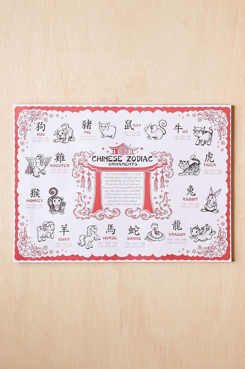 Chinese Zodiac Calendar Placemat • Printable Blank Calendar