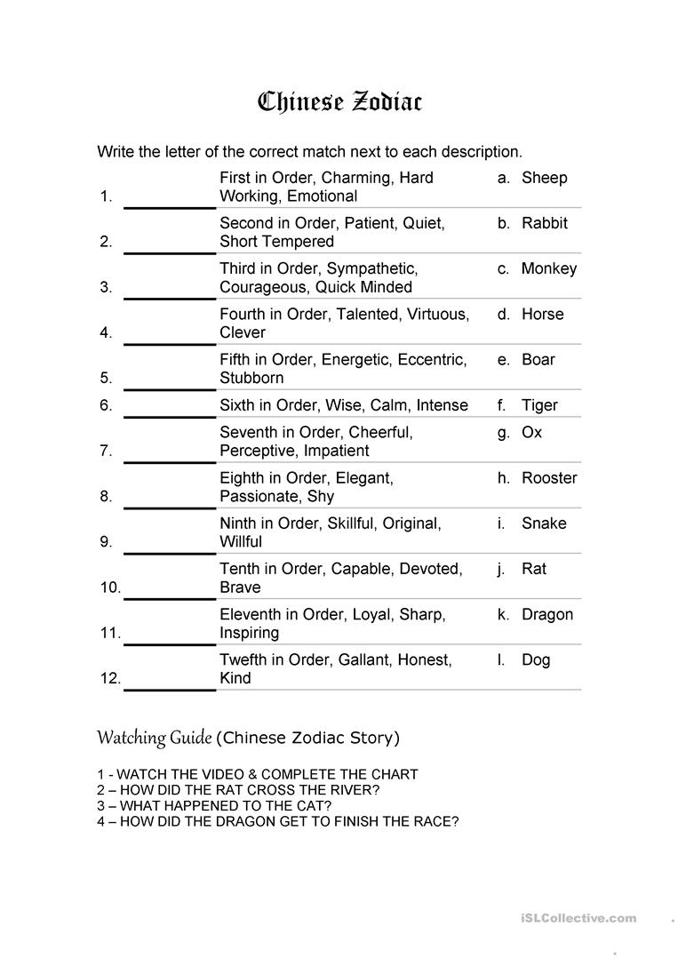 Chinese Zodiac - English Esl Worksheets