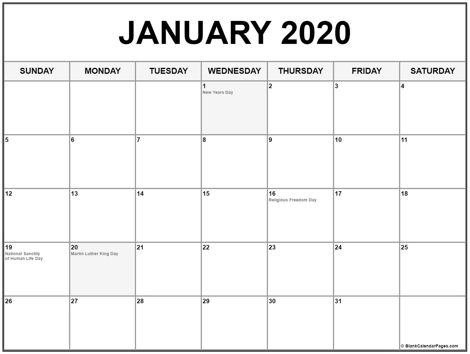 Collection Of January 2020 Calendars With Holidays