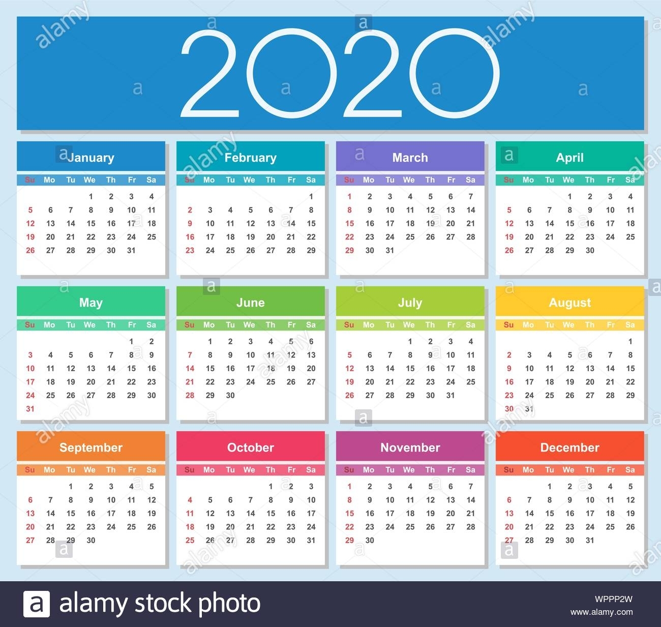 Colorful Year 2020 Calendar. Week Starts On Sunday. Isolated