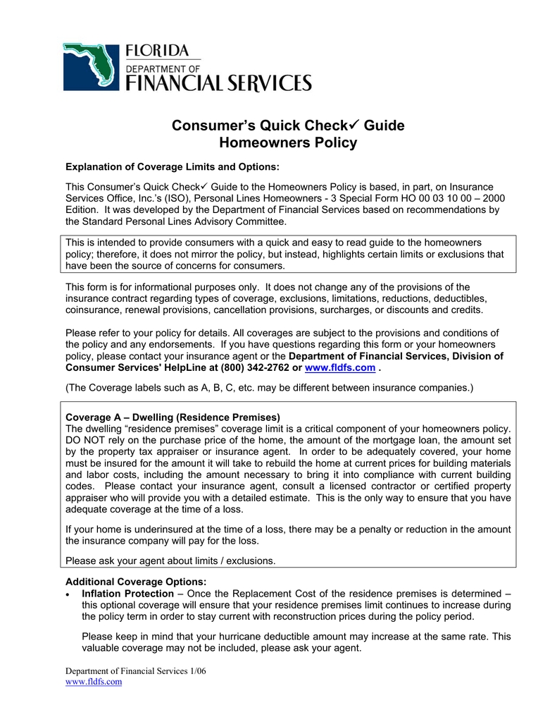 Consumer&#039;s Quick Check Homeowners Policy Guide