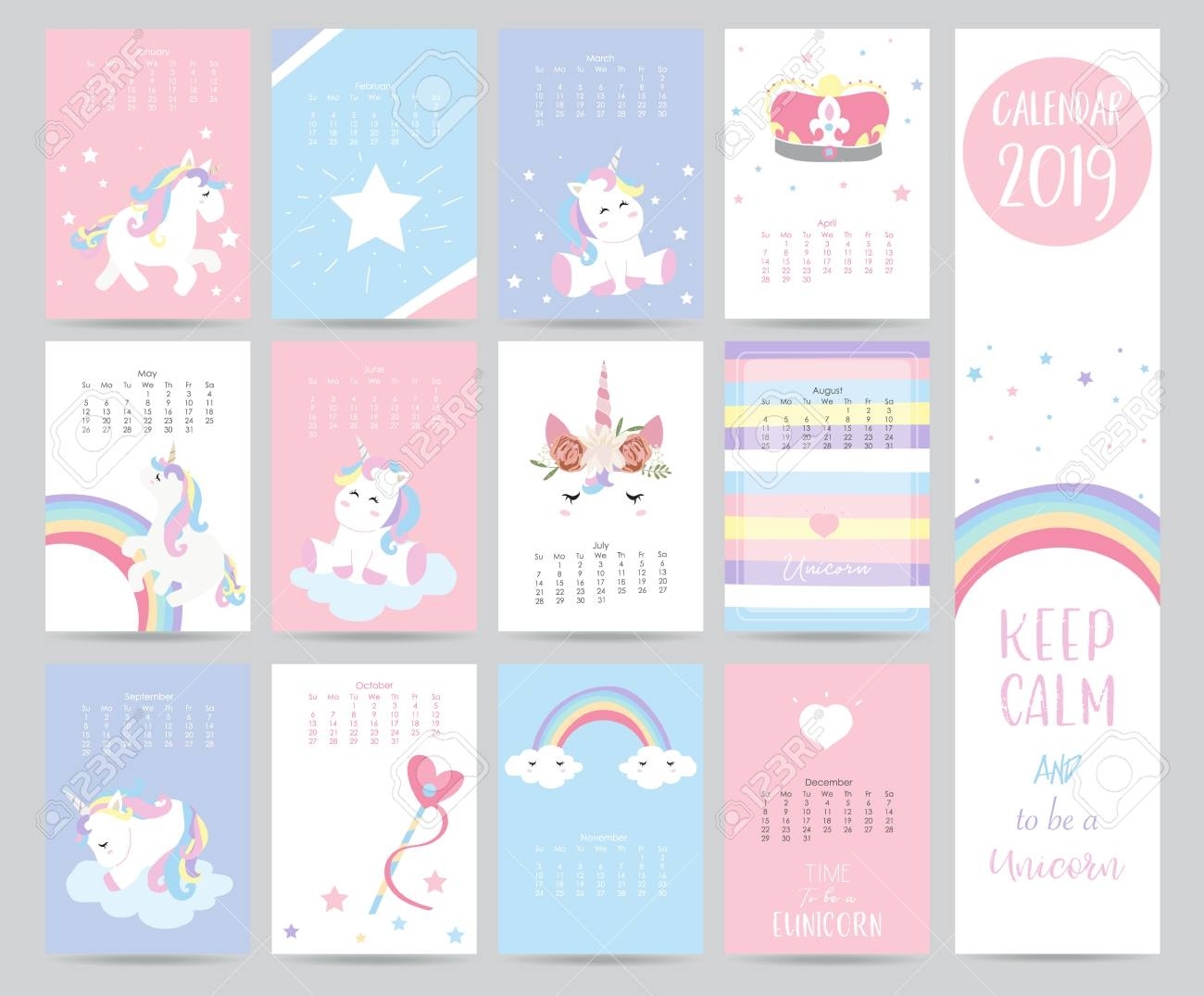 Cute Monthly Calendar 2019 With Sweet Unicorn,crown,heart And..