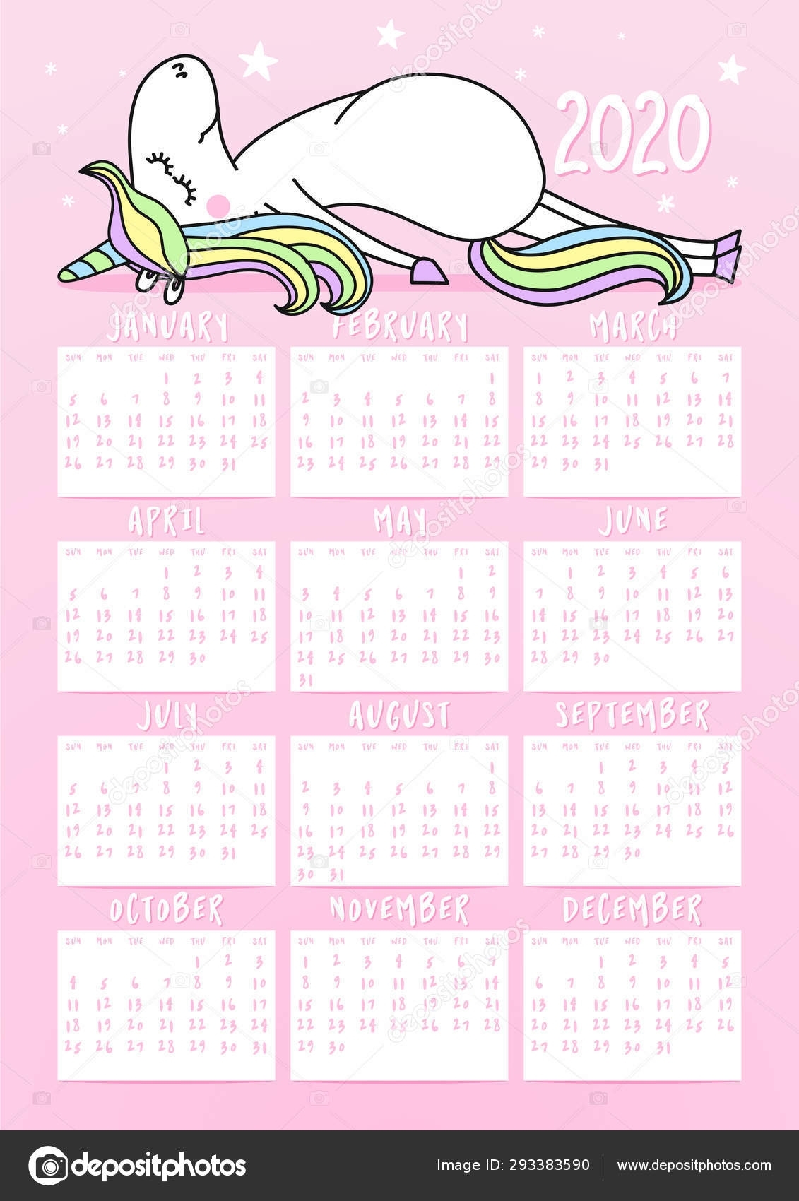 Cute Unicorn Calendar 2020