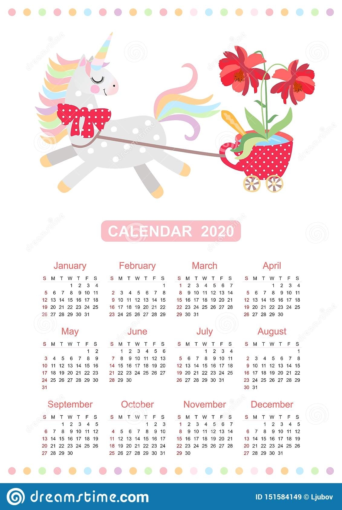 Cute Unicorn Calendar 2020