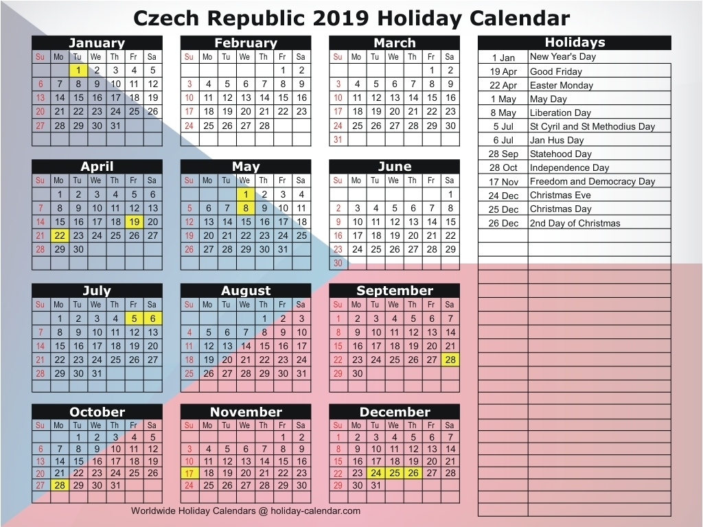 Czech Republic 2019 / 2020 Holiday Calendar