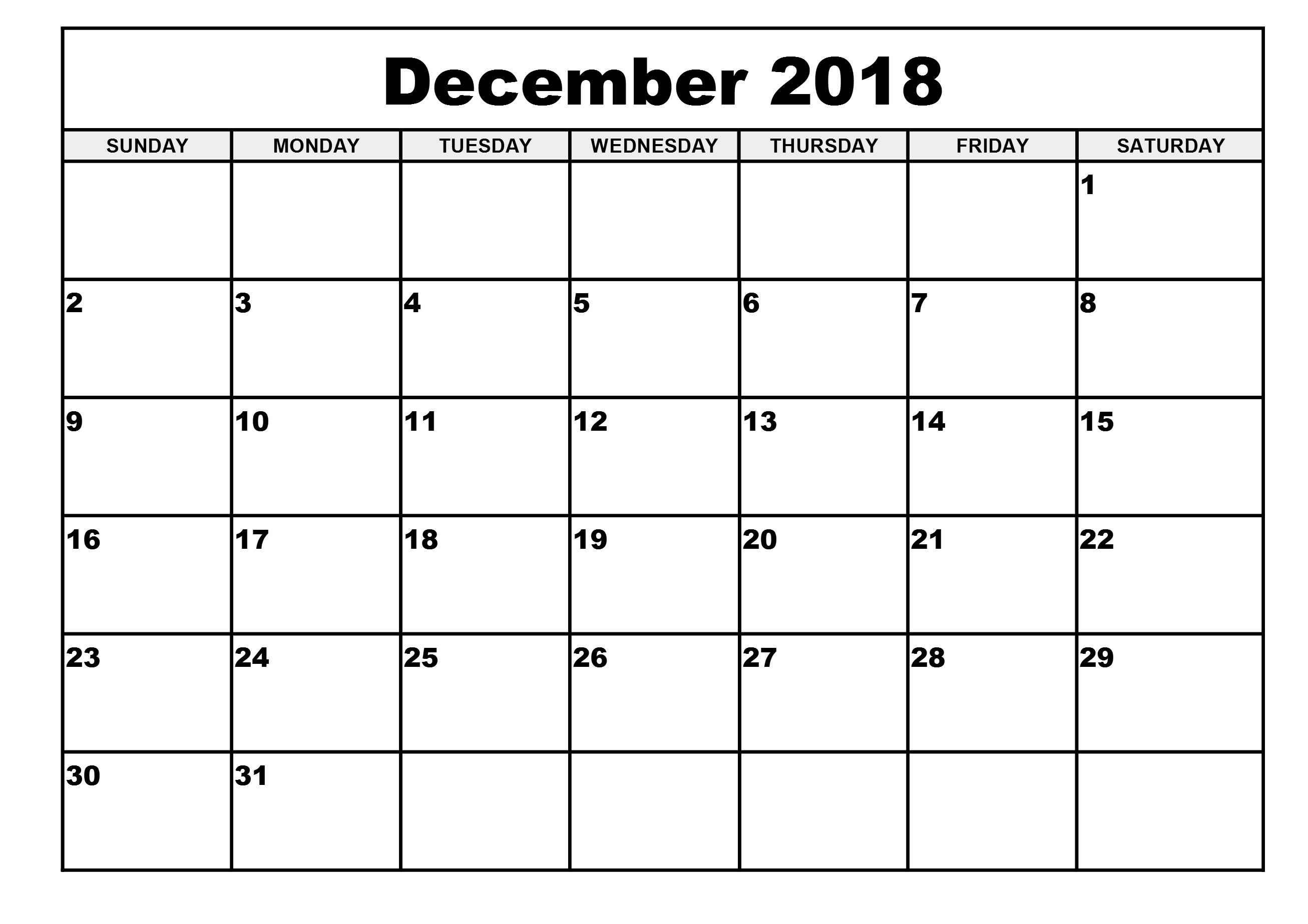 December 2018 Calendar Printable - Free Word Pdf Blank