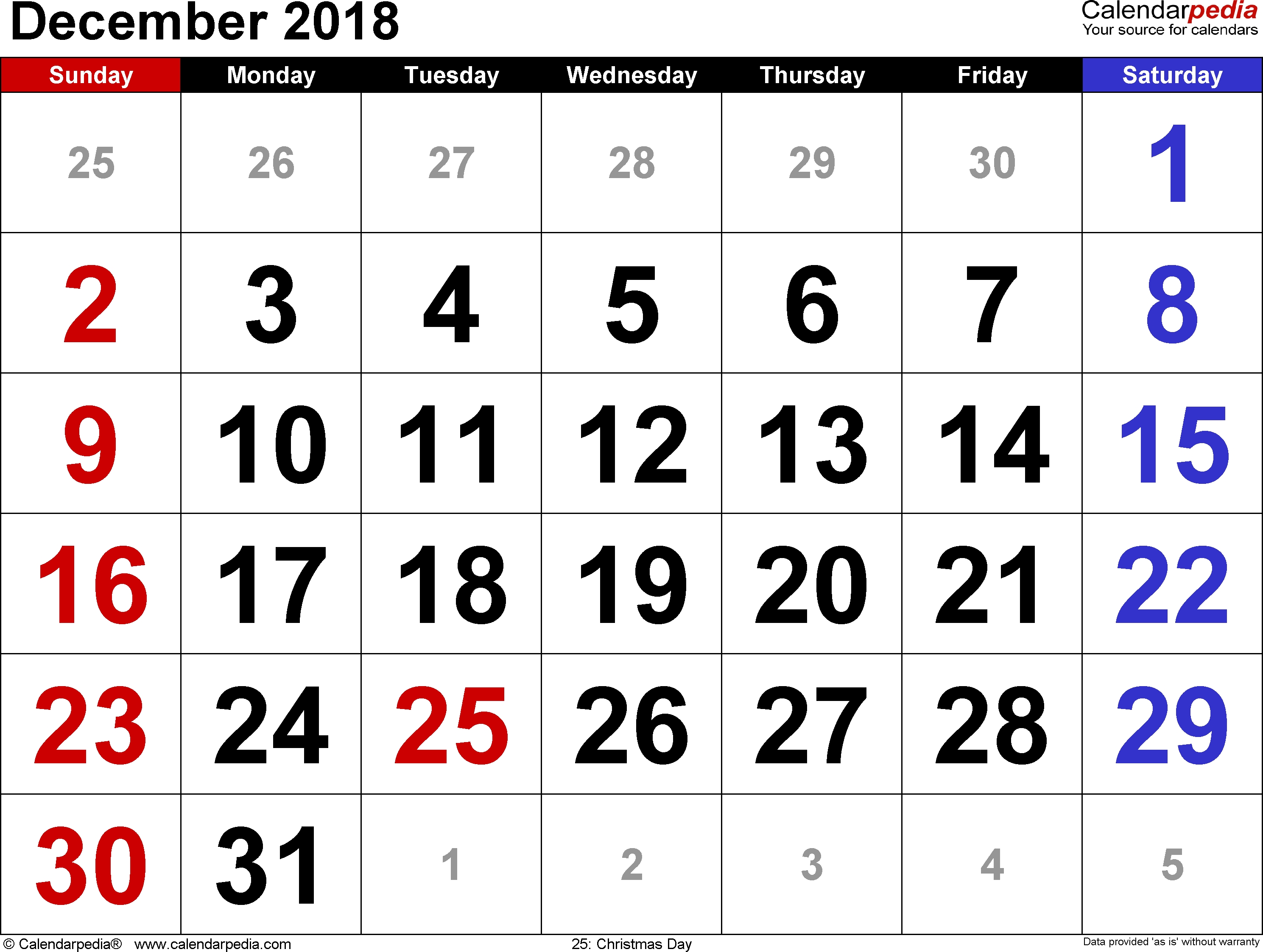 December 2018 Calendars For Word, Excel &amp; Pdf