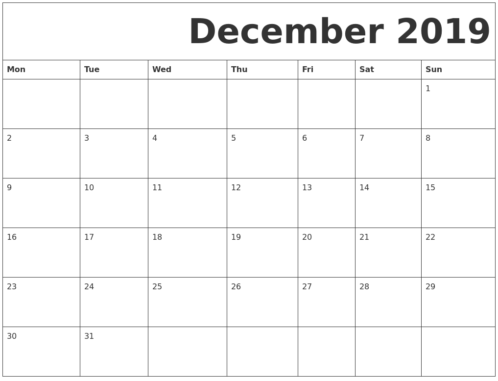December 2019 Free Printable Calendar