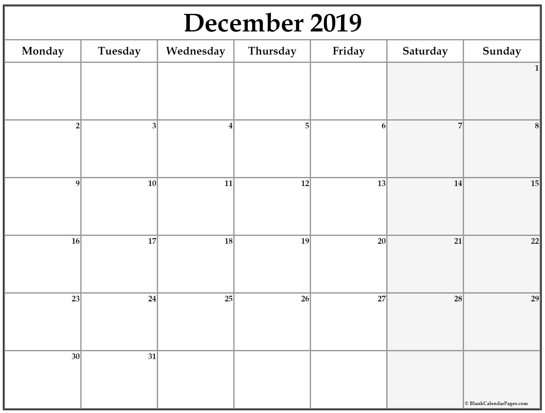 December 2019 Monday Calendar | Monday To Sunday