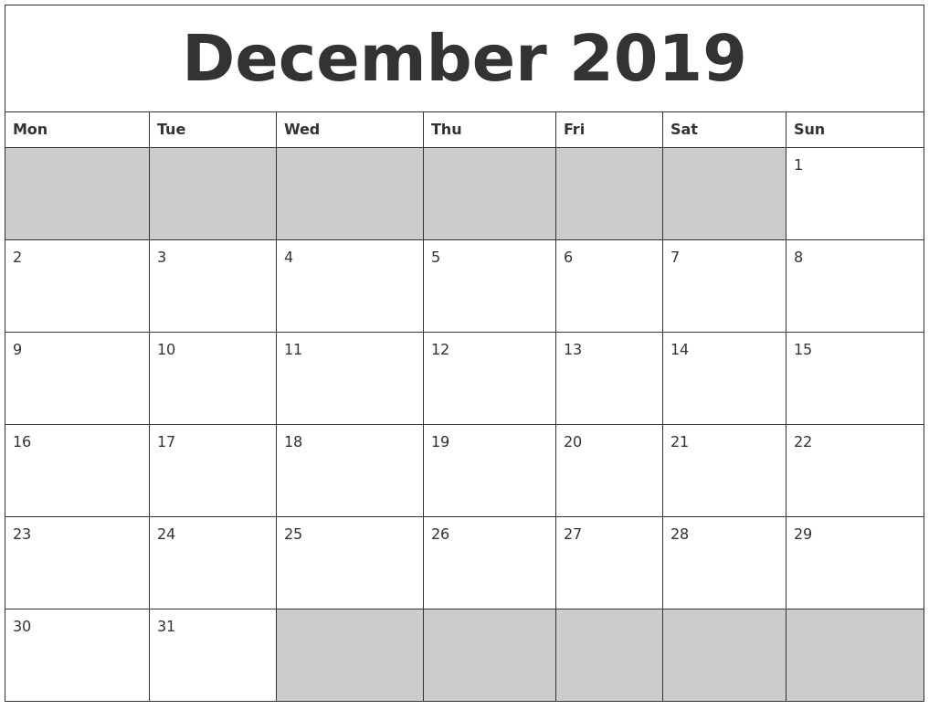 December 2019 Printable Calendar - Free Blank Templates