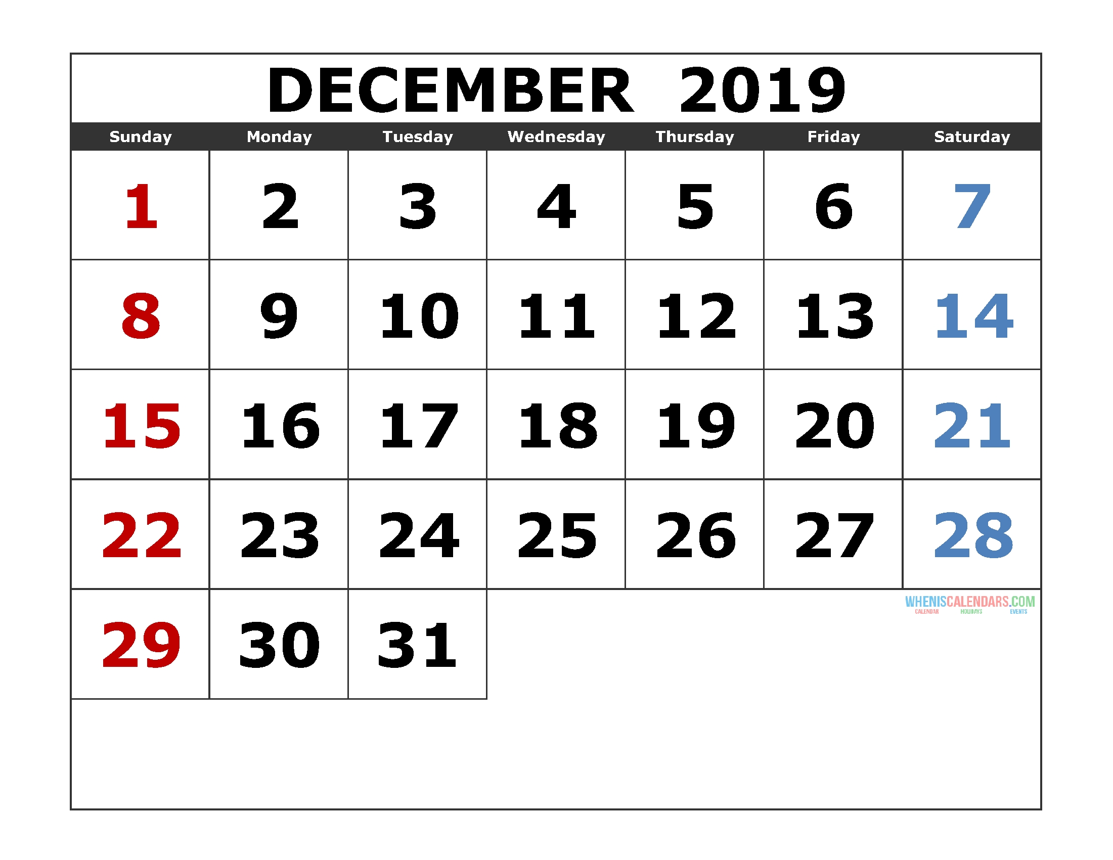 December 2019 Printable Calendar Templates [ 2019 Monthly