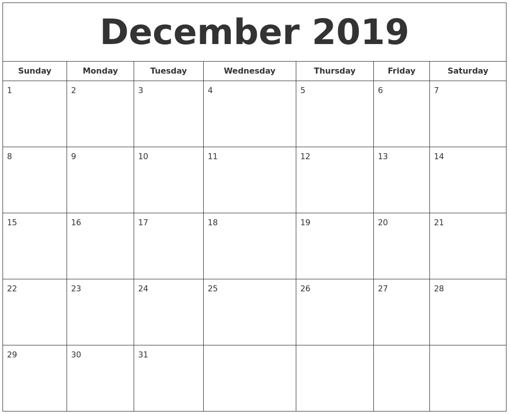 December 2019 Printable Calendar