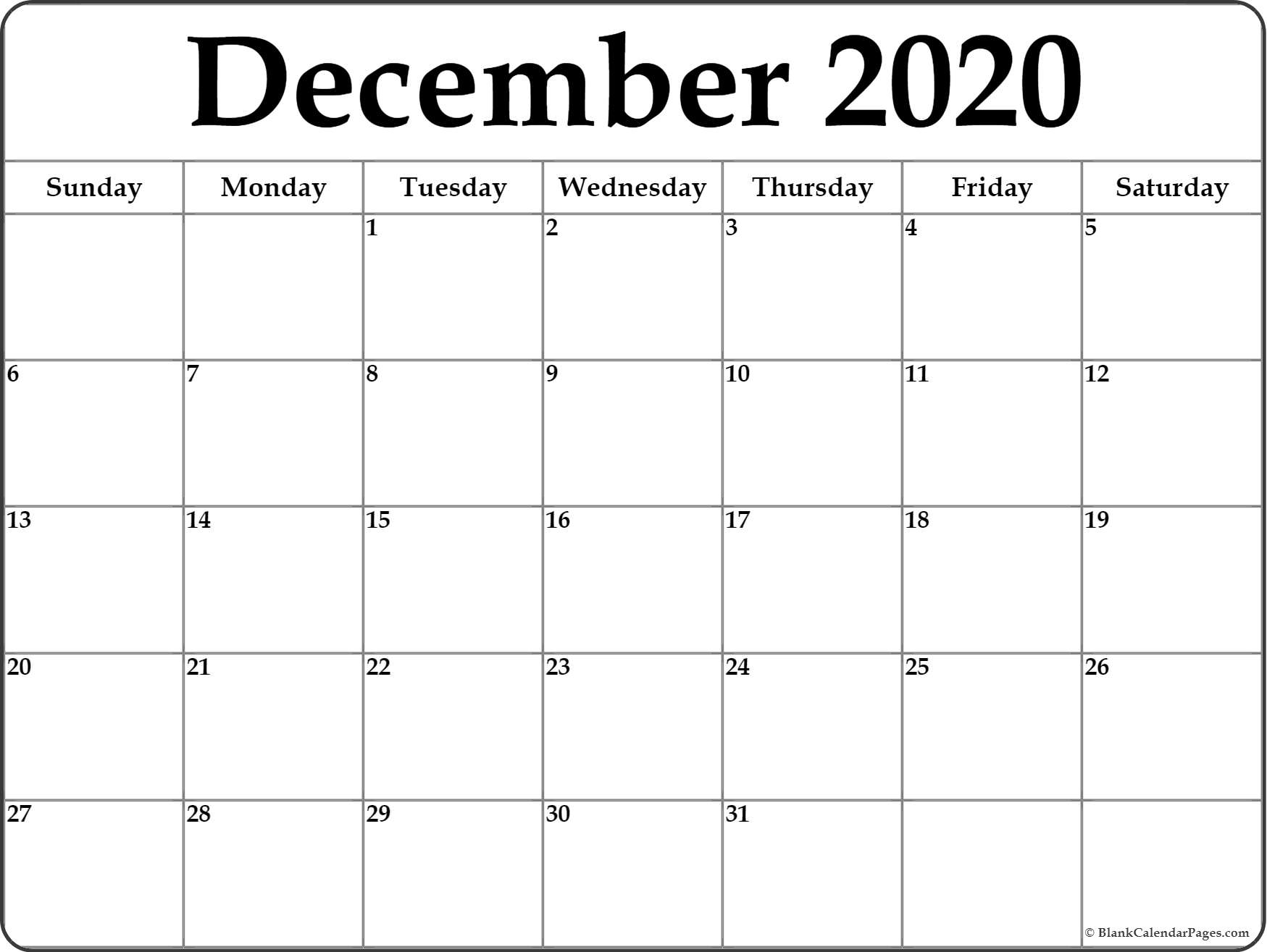 December 2020 Calendar | Free Printable Monthly Calendars