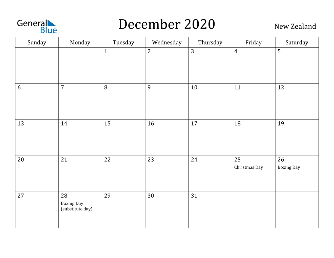 December 2020 Calendar - New Zealand