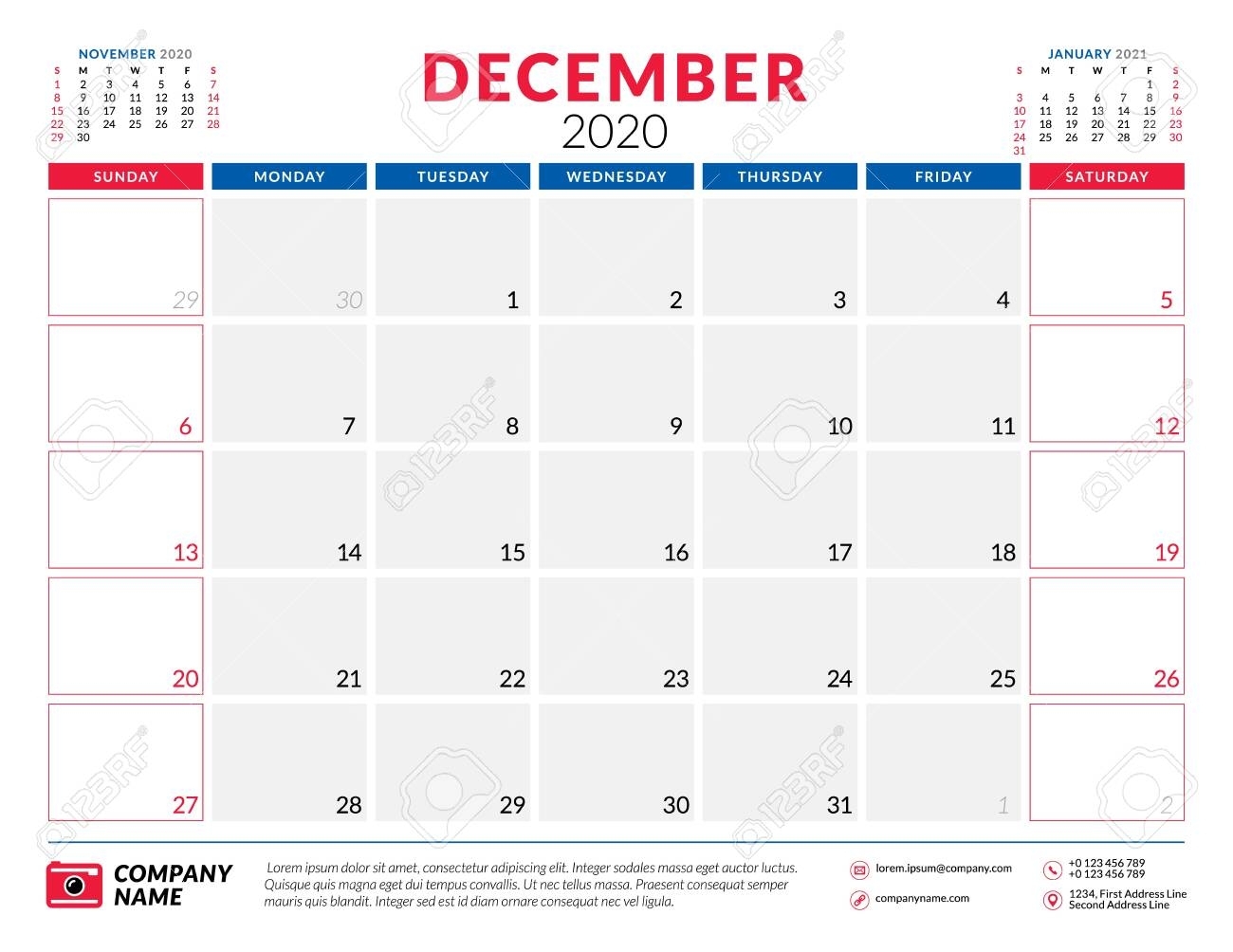 December 2020. Calendar Planner Stationery Design Template. Vector..