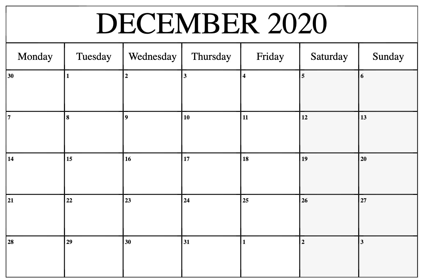 December 2020 Calendar Printable Template With Holidays