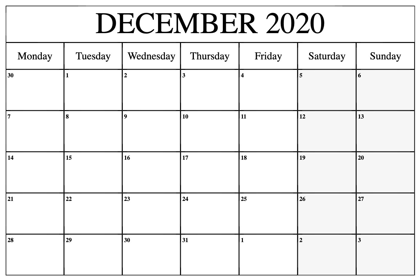 December 2020 Calendar Template Word, Pdf, Excel Format