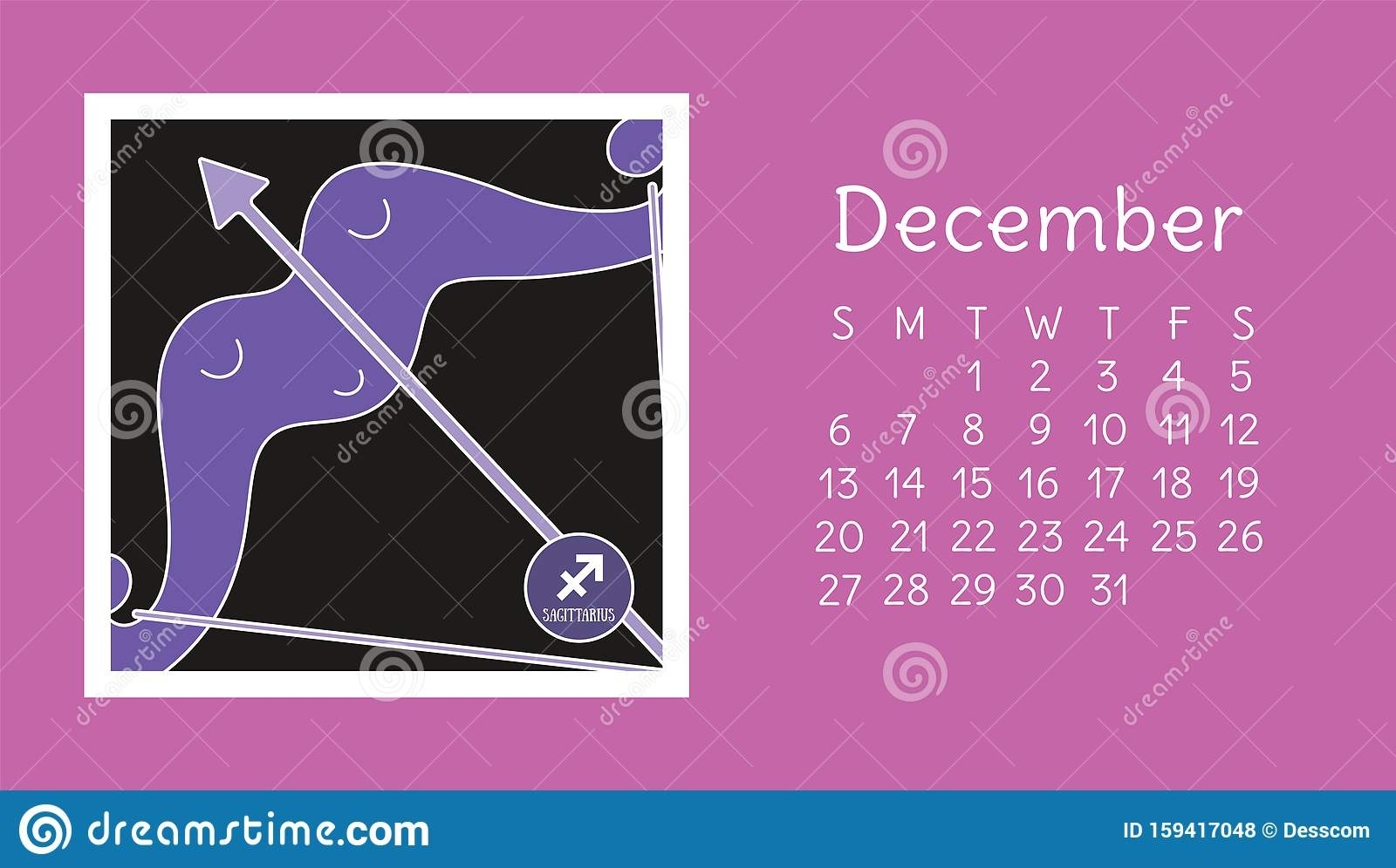 December 2020. Calendar. Zodiac Sign: Sagittarius. Vector