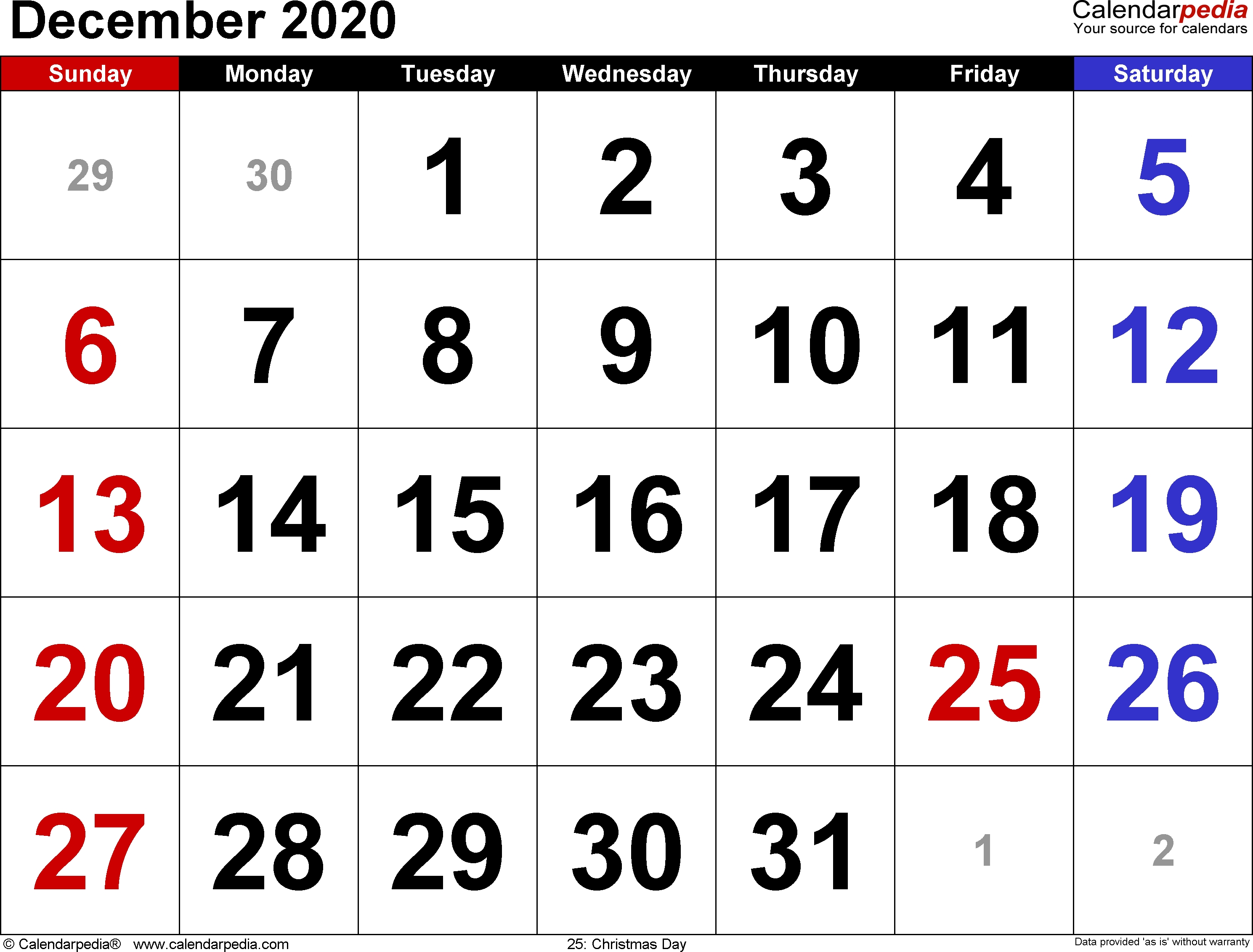 December 2020 Calendars For Word, Excel &amp; Pdf