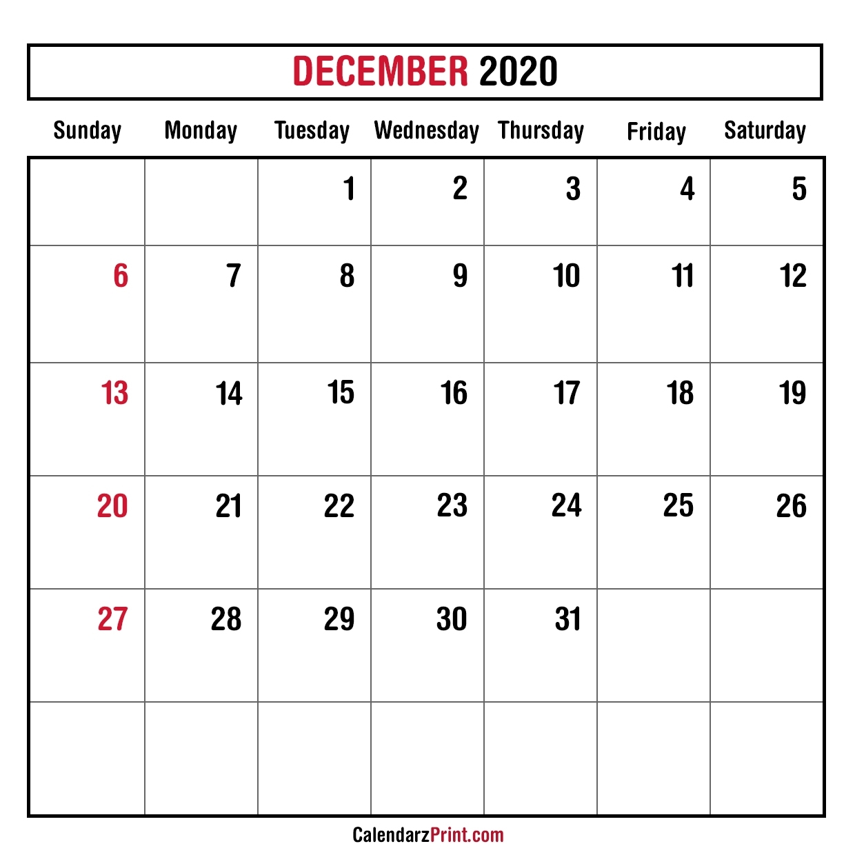 December 2020 Monthly Planner Calendar – Printable Free