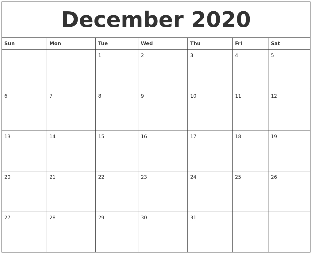 December 2020 Monthly Printable Calendar