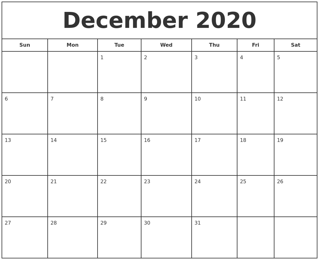 December 2020 Print Free Calendar