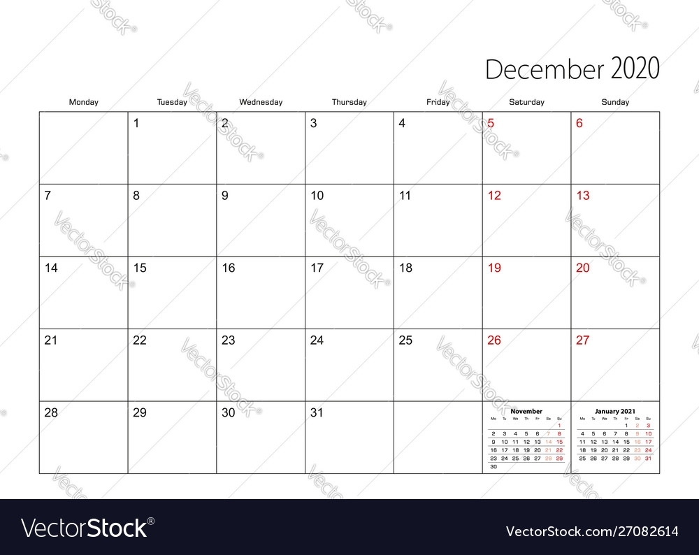 December 2020 Simple Calendar Planner Week Starts