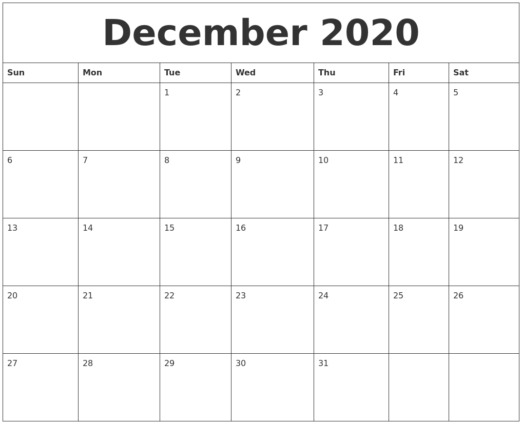 December 2020 Word Calendar