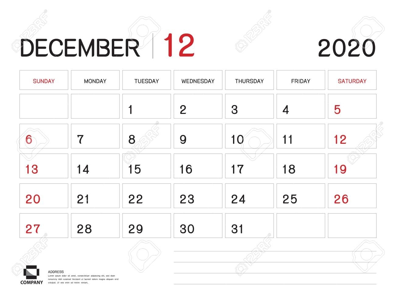 December 2020 Year Template, Calendar 2020 Vector, Desk Calendar..