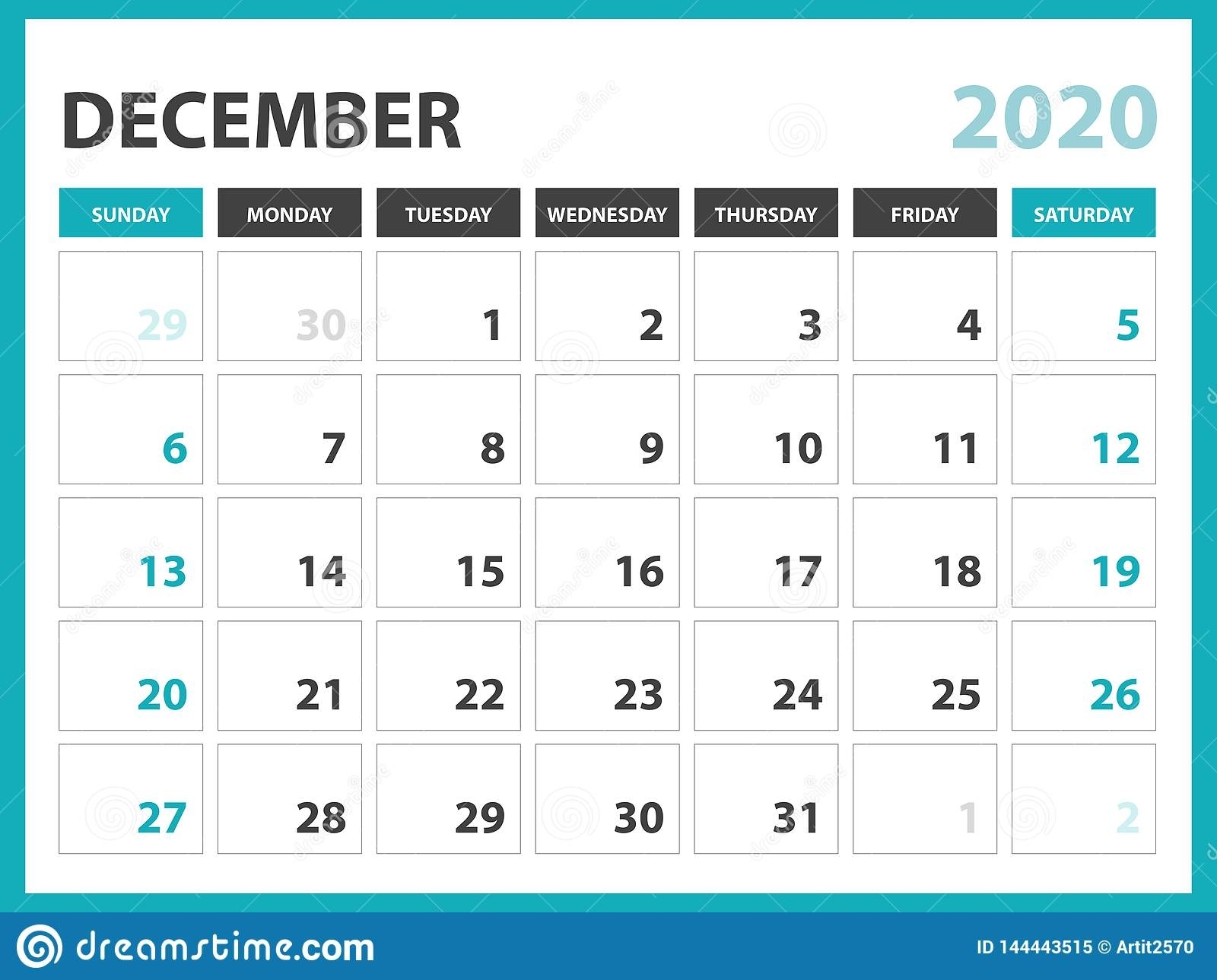 Desk Calendar Layout Size 8 X 6 Inch, December 2020 Calendar