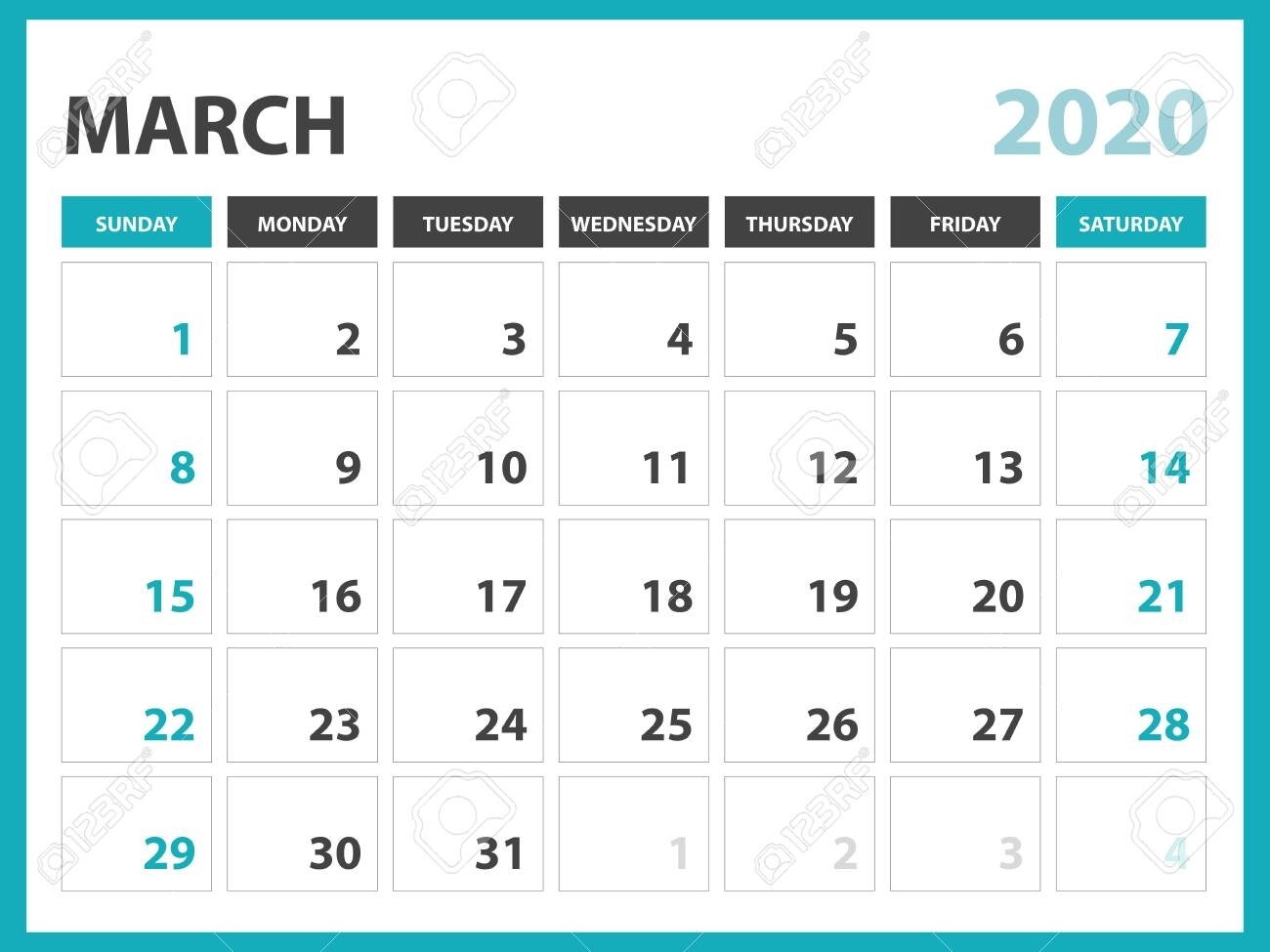 Desk Calendar Layout Size 8 X 6 Inch, March 2020 Calendar Template,..